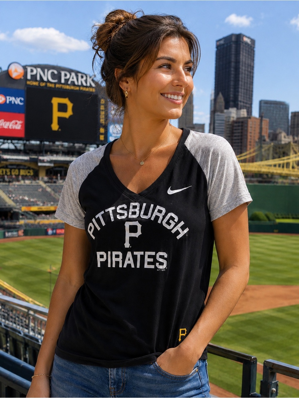 Nike Pittsburgh Pirates Women’s Small MLB V-Neck Raglan Tee Black Gray
